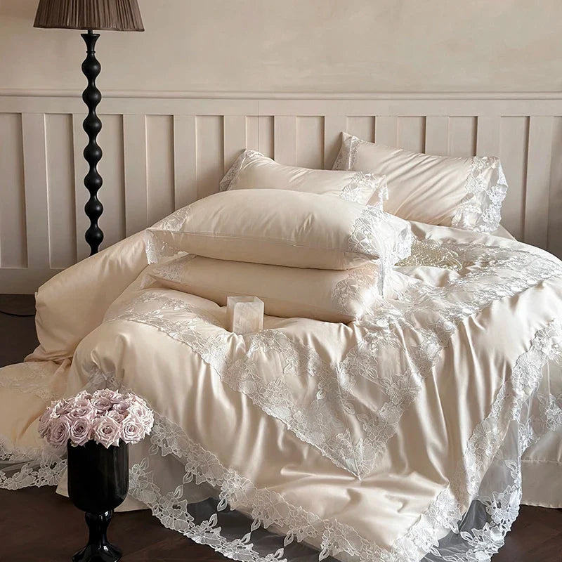 Romantic White Flowers Lace Princess Wedding Bedding Set