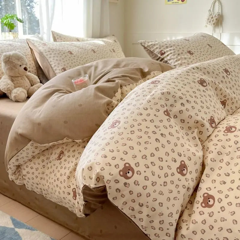 Grey Duvet Cover Set with Bow Fashion Twin Queen Size Girls Boys Flat Sheet Pillowcase No Filler Soft Summer Home Bedding Set