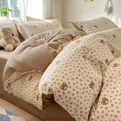 Grey Duvet Cover Set with Bow Fashion Twin Queen Size Girls Boys Flat Sheet Pillowcase No Filler Soft Summer Home Bedding Set