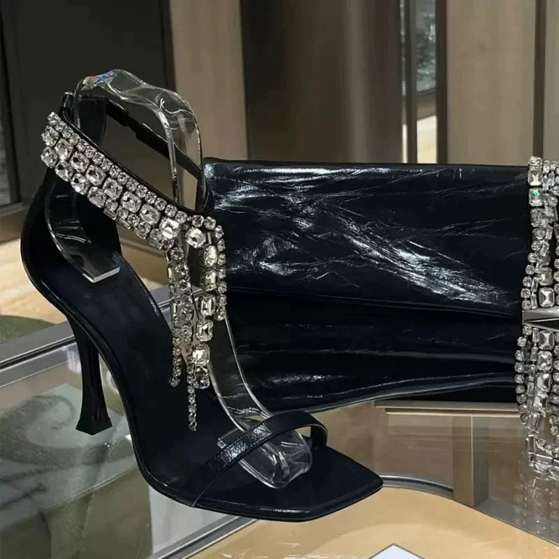 Silver Crystal Chain Open-Toed Sandals