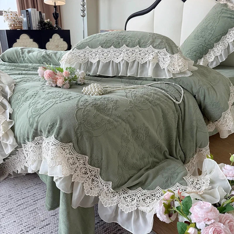 Pink Vintage French Lace Ruffles Carved Velvet Bedding Set