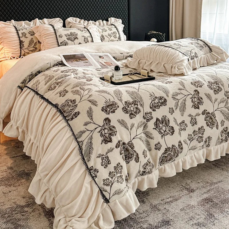 French Princess Style Velvet Duvet Cover Set Thick Coral Velvet Double-sided Plush Bedding Set