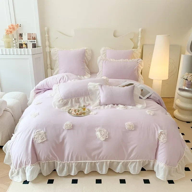 4Pcs French Princess Style Three-Dimensional Rose Flowers White Ruffle 2-Person Cotton Bed Linen Four-Season Pink Bedding Set