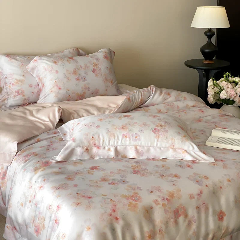 Luxury Lyocell Soft Silky Cooling Bedding Set, Watercolor Floral Print Duvet Cover Set, Bed Sheet/Fitted Sheet, Pillowcase, 4Pcs