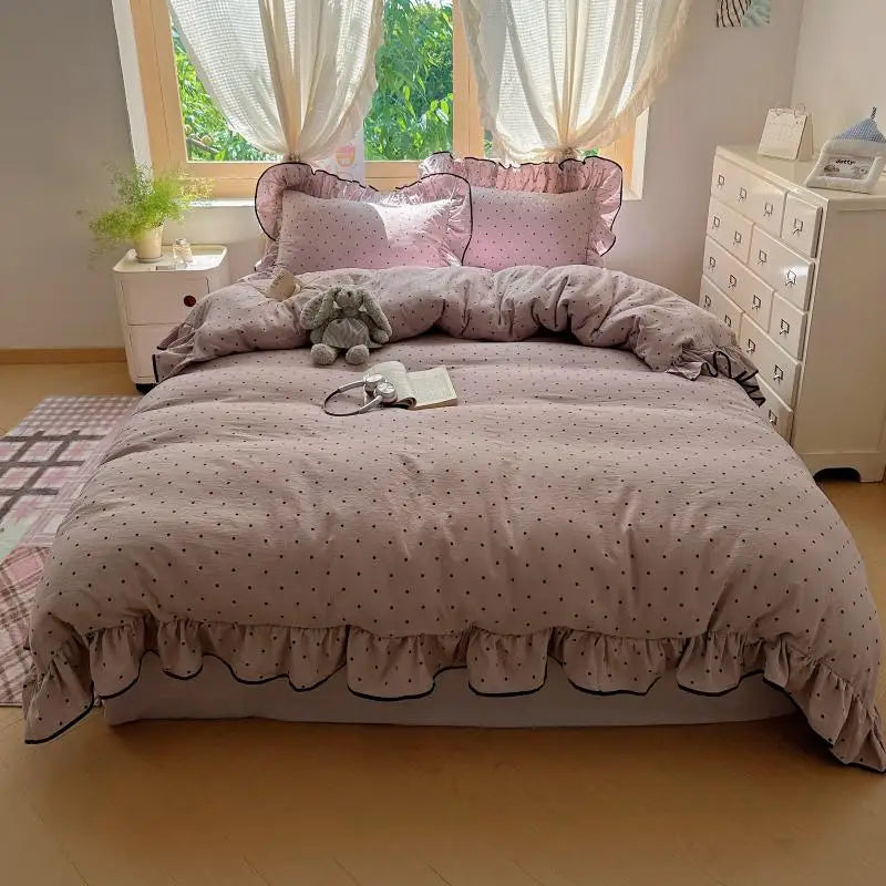 3/4Pcs Korean Princess Style Polka Dots Bedding Set
