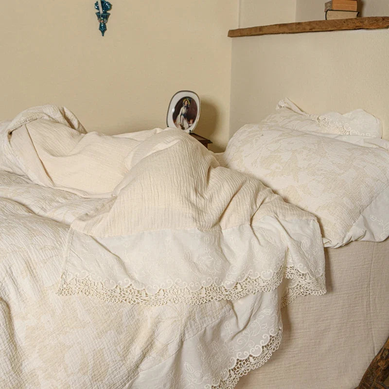 Cotton and Linen Vintage Hollow Lace Edge Bedding Set