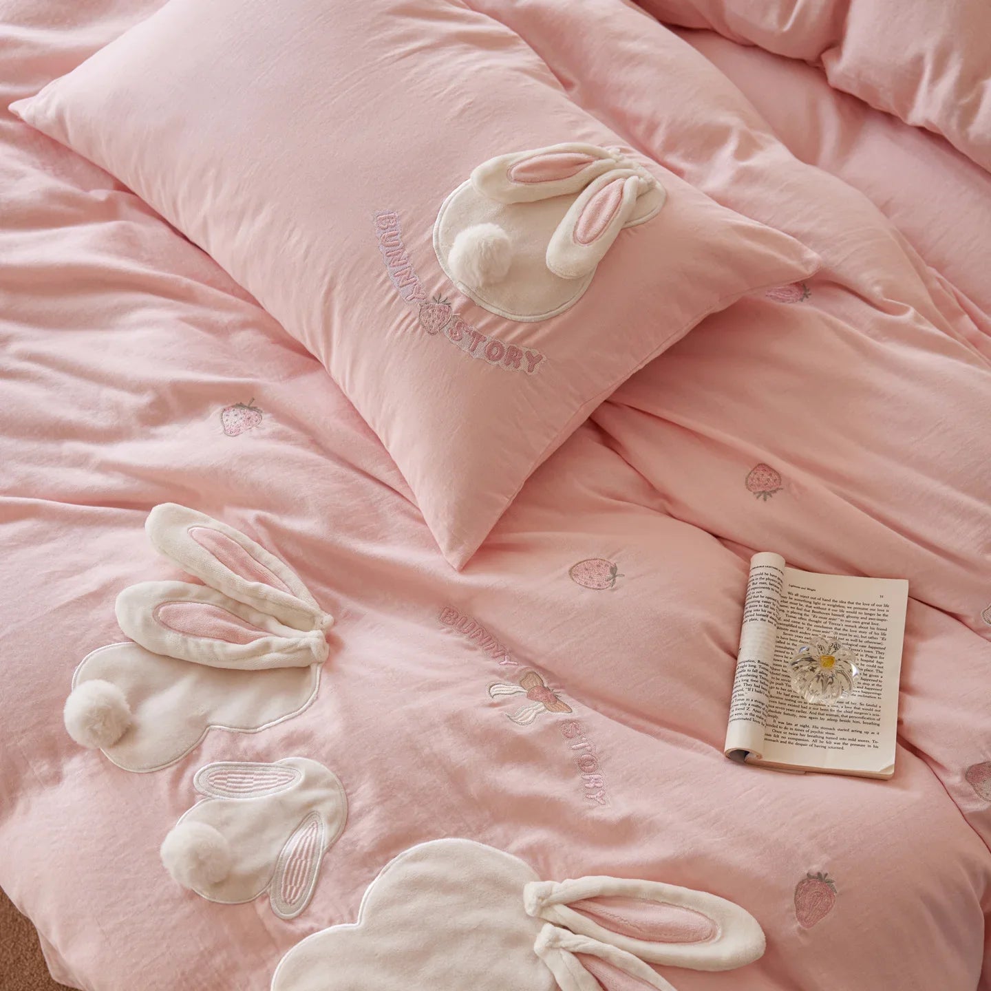 Pink Cute Rabbit Applique Embroidery 100% Cotton Bedding Set