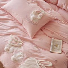 Pink Cute Rabbit Applique Embroidery 100% Cotton Bedding Set