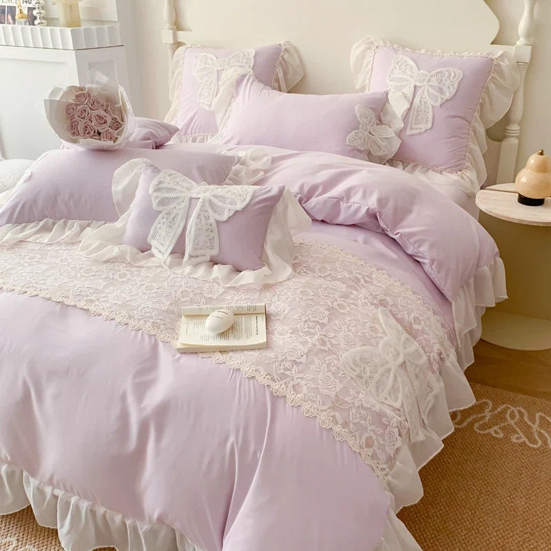 3/4Pcs Korean Princess-Style Bow Lace Ruffle Green Bedding Set