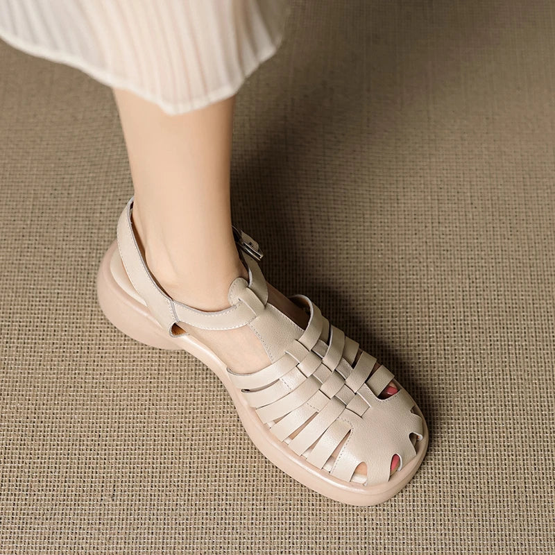 leather cowhide midsole elastic buckle thick sole hollow breathable toe Roman Shoes