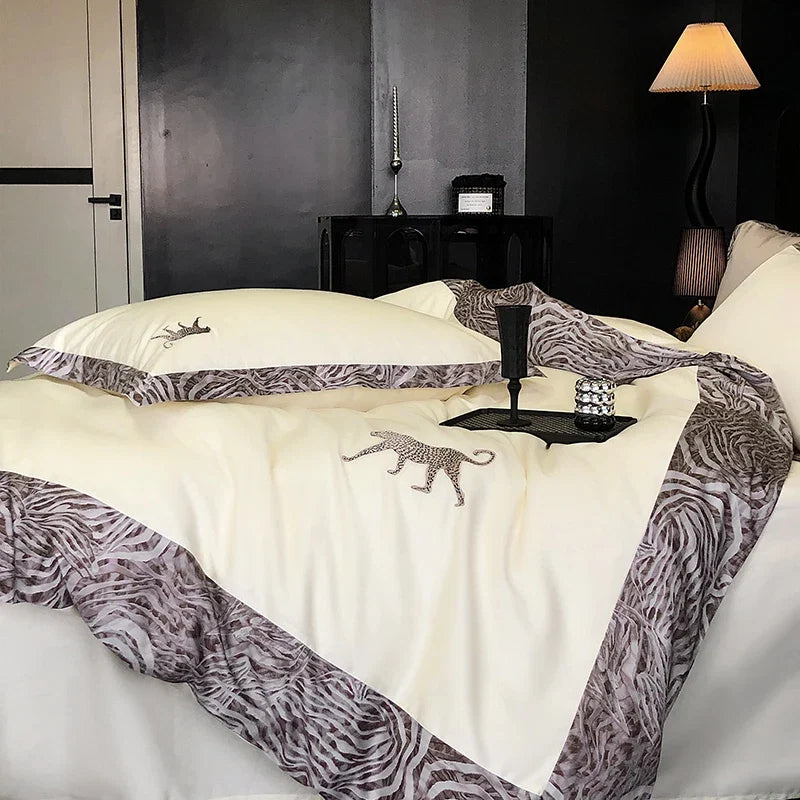 Premium 1000TC Egyptian Cotton Leopard Embroidery Luxury Bedding Set