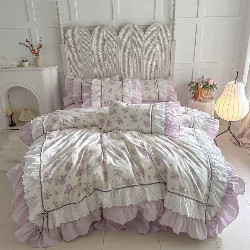 Pink Floral Double Layer Lace Ruffles 100% Cotton Bedding Set