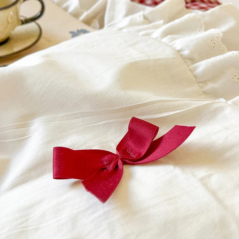100% Cotton Korean Princess Style Bow Plaid Lace Ruffles Patchwork Bedding Set