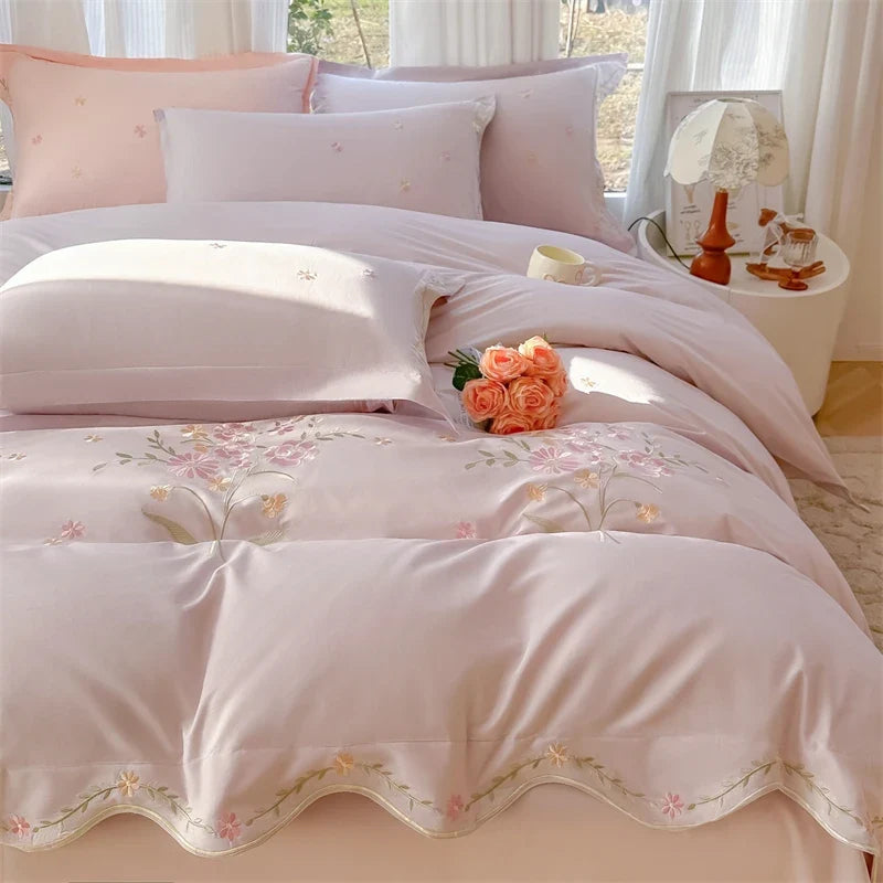 Floral Embroidery 100% Cotton Luxury Bedding Set
