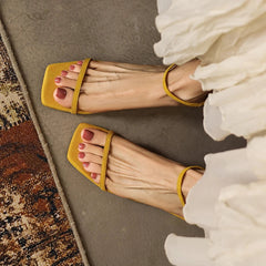 leather cowhide sheep suede square toe elastic middle Heel