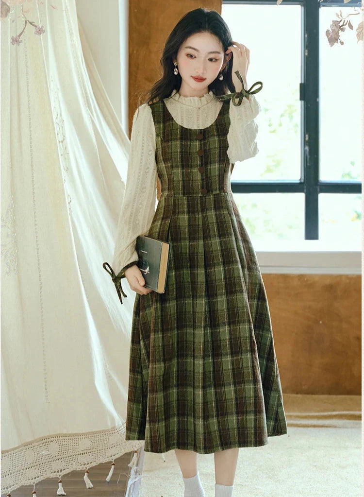 Harmony Plaid Wool Dark Academia Cottage Dress