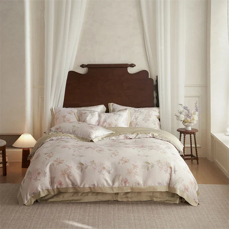 600TC Lyocell Duvet Cover Set - Soft Floral Print Bedding Set, Breathable Cooling Bed Sheet with Pillowcases for Queen/King Size