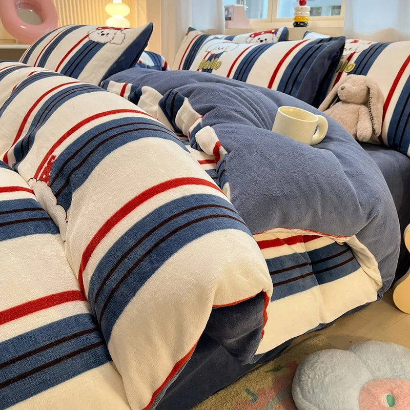 Cute Cartoon Winter Warm Quilt Cover Set Queen Bedding Set