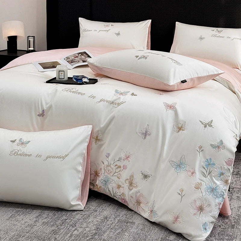 Chic Butterfly Flowers Embroidery 100% Cotton Luxury Bedding Set