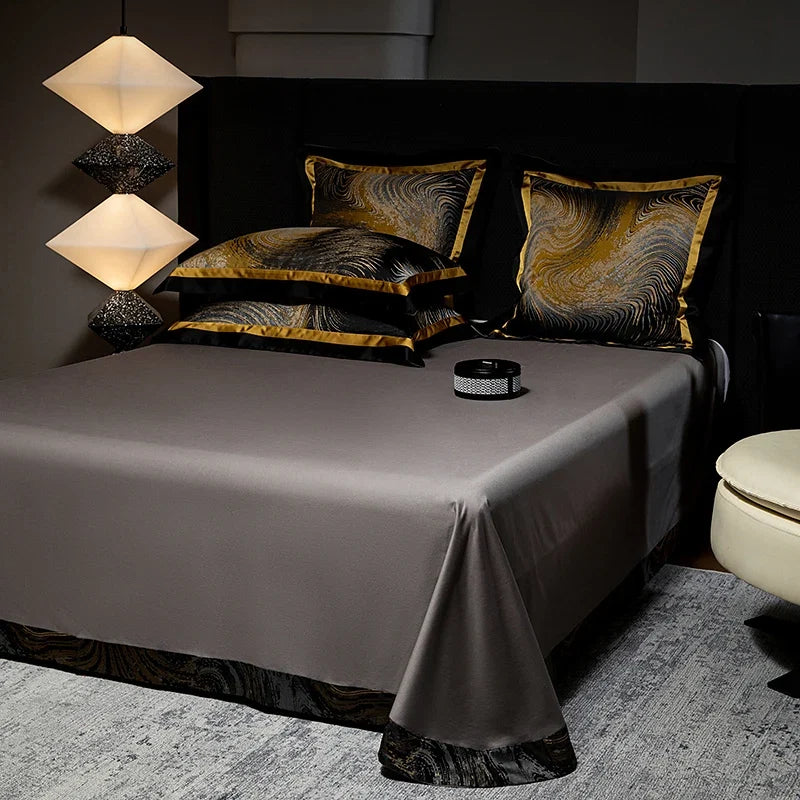 4Pcs Luxury Black Gold Brocade Jacquard Egyptian Cotton Patchwork Bedding Set