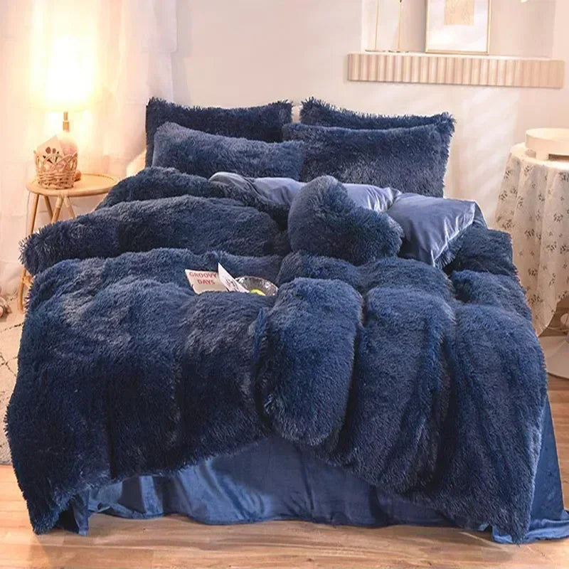 Solid Color Fluffy Long Plush Winter Bedding Set