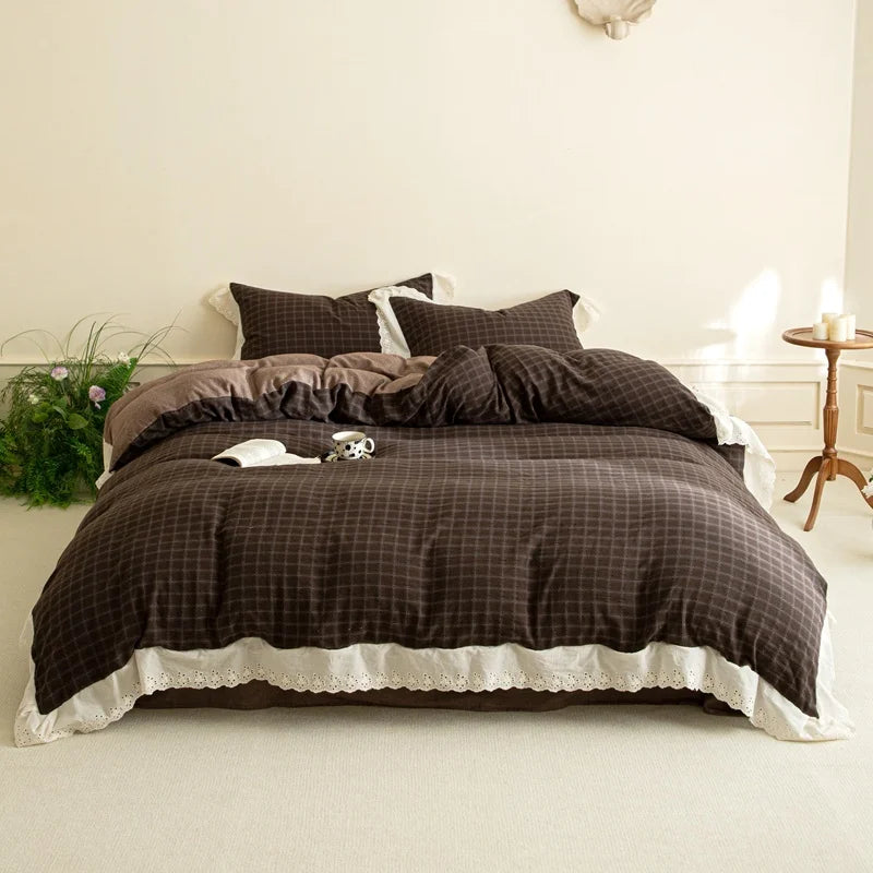 Vintage Plaid Style Lace Ruffles 100% Cotton Soft Comfortable Bedding Set
