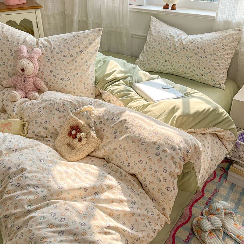 Japanese Floral Printed Duvet Cover Set Twin King Soft Homestay Bedding Set
