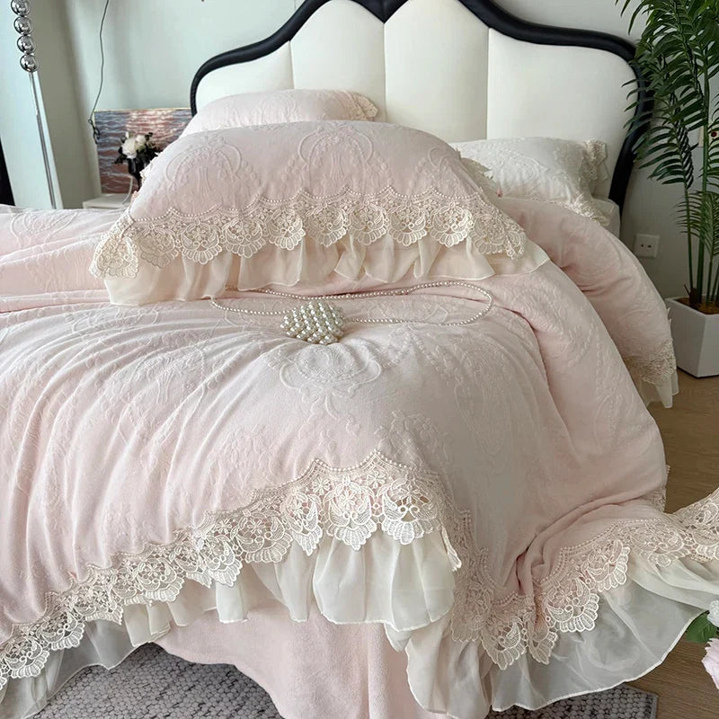 Pink Vintage French Lace Ruffles Carved Velvet Bedding Set