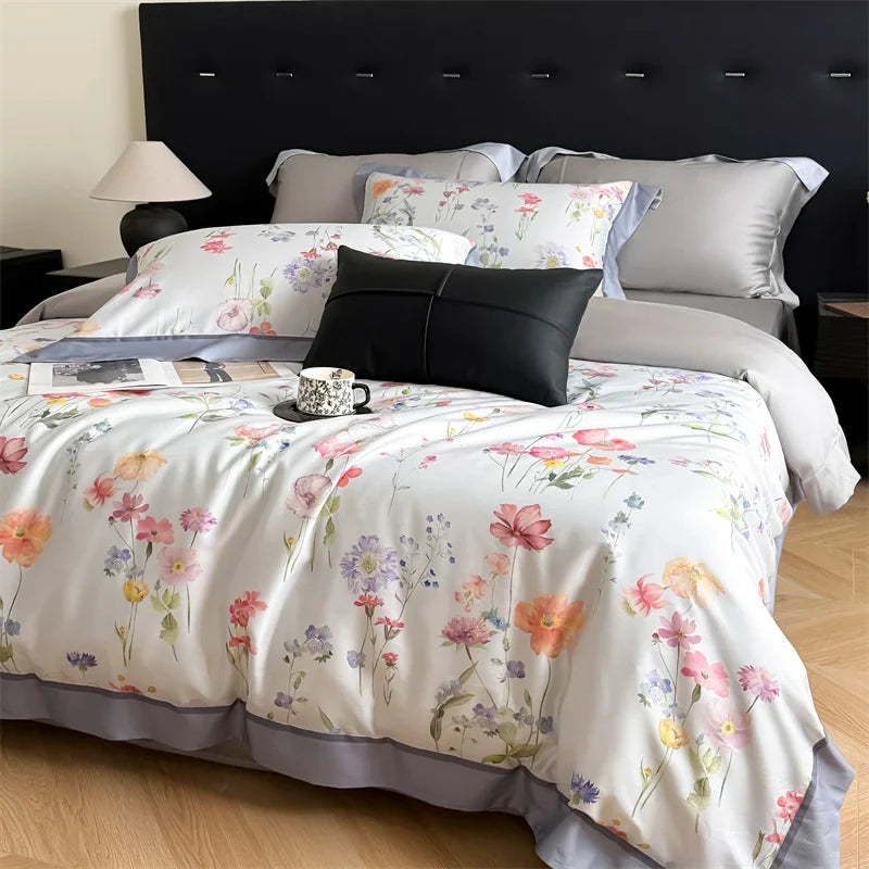 600TC Lyocell Cotton Soft Breathable Flowers Print Bedding Set