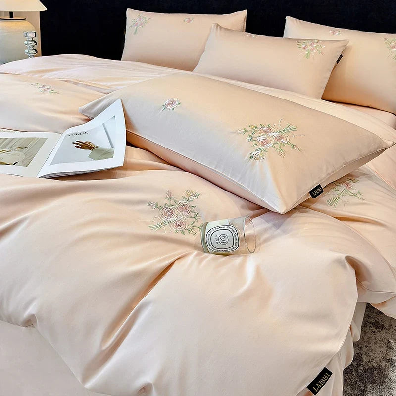 Chic Flowers Embroidery 100% Cotton Luxury Simple Solid Color Bedding Set