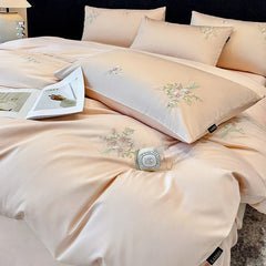 Chic Flowers Embroidery 100% Cotton Luxury Simple Solid Color Bedding Set