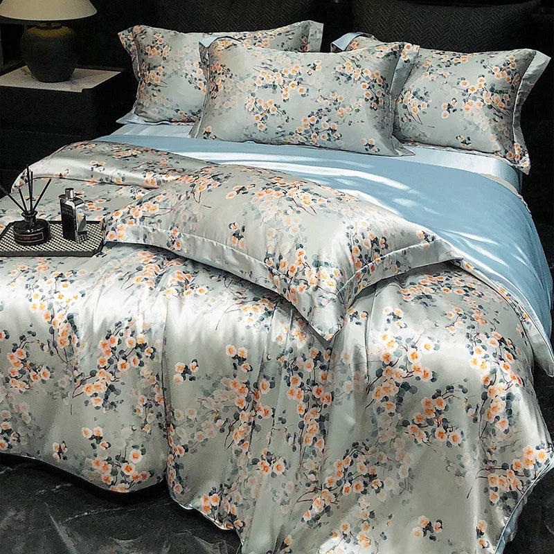 Luxury Mulberry Silk Duvet Cover High End Floral Printed Bedding Set