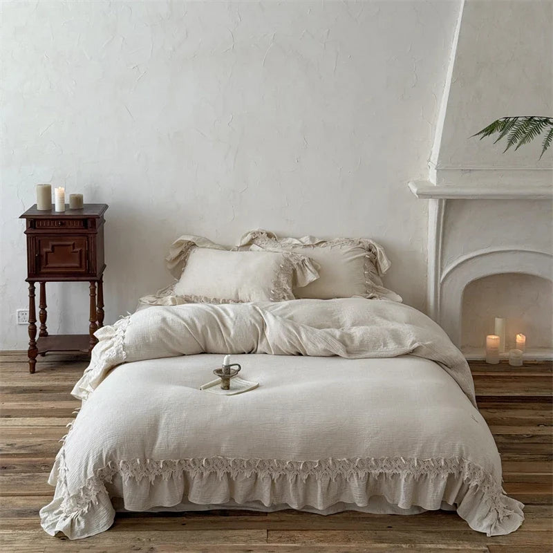 20% Linen And 80% Cotton Hollow Lace Ruffles Vintage French Bedding Set