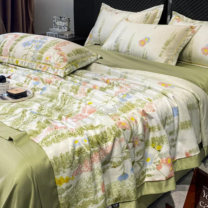 Summer Printed Quilt Set with Pillowcase Washed Cotton Bedding Set