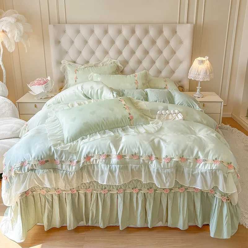 4Pcs Pure Cotton French Flowers Lace Ruffles Princess Wedding Bedding Set