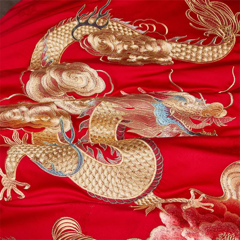 Luxury Chinese Style Wedding Flower Dragon Phoenix Embroidery Bedding Set