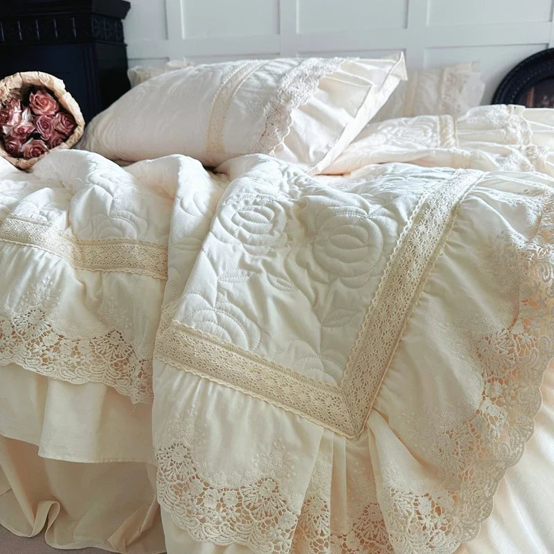 Rose Embossing Quilted Duvet Cover Set Vintage Lace Ruffles Pure Cotton Bedding Set