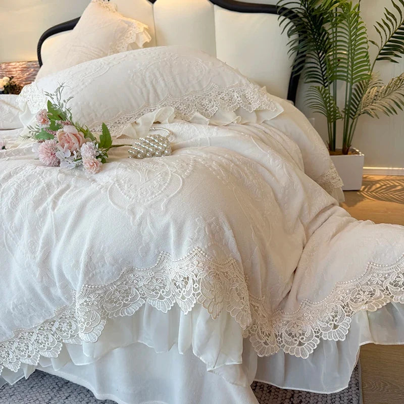 Pink Vintage French Lace Ruffles Carved Velvet Bedding Set