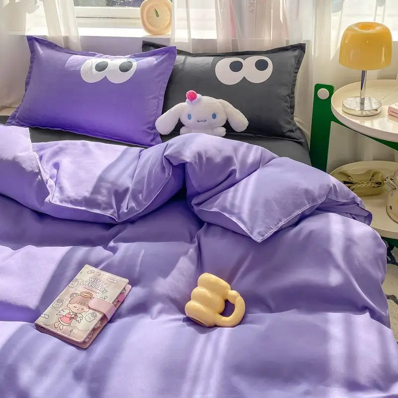 Cute Korean Style Duvet Cover Set No Filler Green Pink Mix Color Flat Sheet Pillowcases Polyester Twin Queen Size Bed Linens