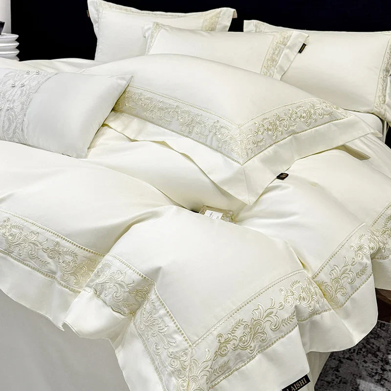 600TC Egyptian Cotton Bedding Set, Luxury Embroidery Duvet Cover with Pillowcases, Flat/Fitted Bed Sheet for Home Hotel, 4Pcs
