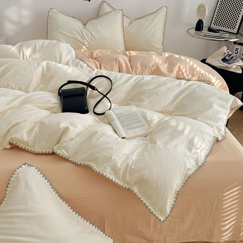 Solid Color Soft Duvet Cover Set Skin Friendly Washable Cotton Queen Bedding Set