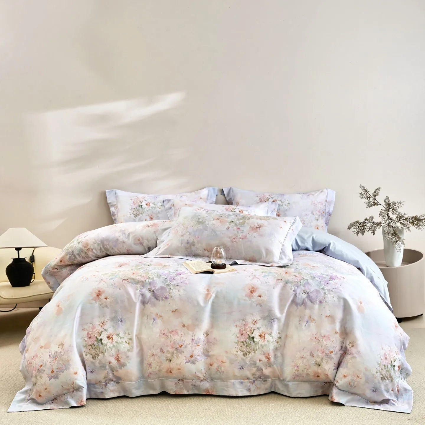 600TC Egyptian Cotton Flowers Print Queen King Size Luxury Bedding Set