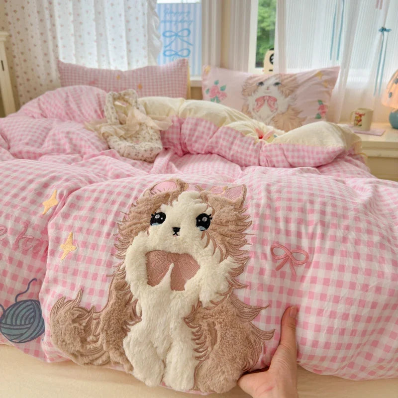 Cute Pink Cartoon Cat Bow Towel Embroidery Girls Kids Bedding Set
