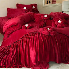 Three-dimensional Flowers Embroidery Ruffles Red Bedding Set