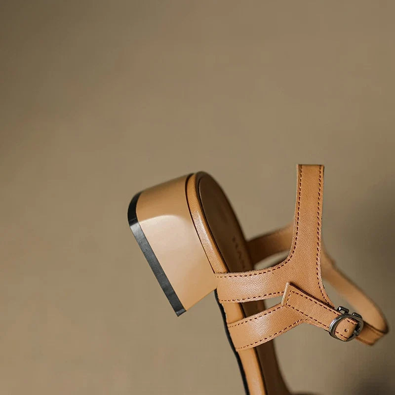cowhide retro pine buckle middle Heel