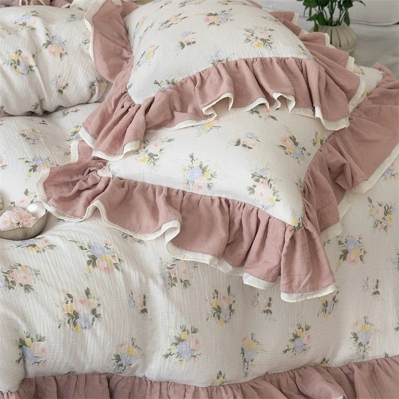 Floral Prints Double Layer Ruffles Bedding Set