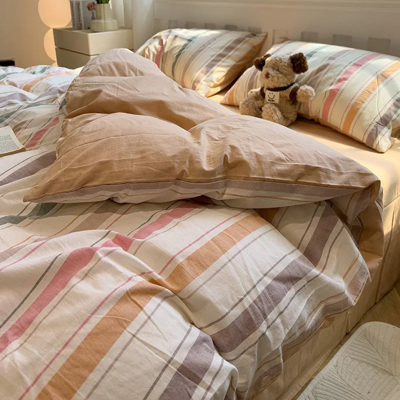 Simple Style Stripe Duvet Cover Set Bed Sheet Set Washed Cotton Bedding Set