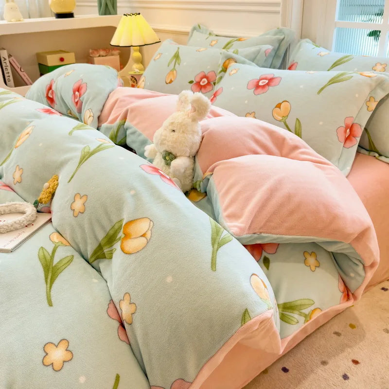 Cartoon Print Milk Velvet Duvet Cover Set Sheet Pillowcase Winter Plush Comforter Cover Set Home Textile Queen King Bedding Set