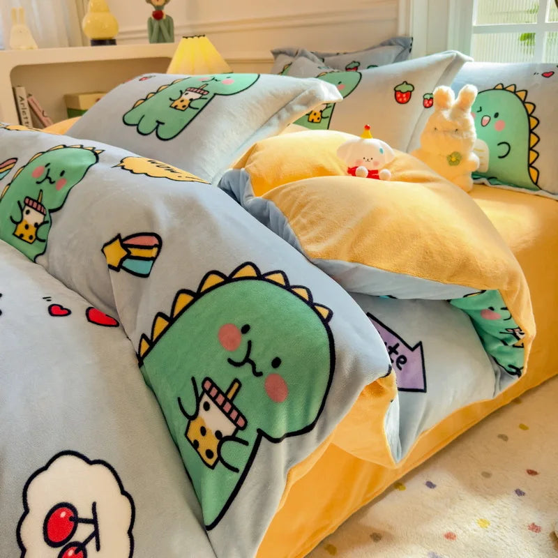 Cartoon Print Milk Velvet Duvet Cover Set Sheet Pillowcase Winter Plush Comforter Cover Set Home Textile Queen King Bedding Set