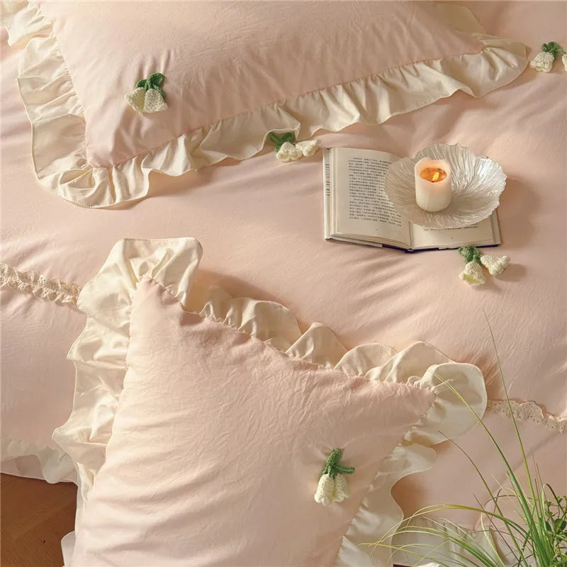 3/4Pcs Korean Princess Style Ruffles Washed Cotton Bedding Set
